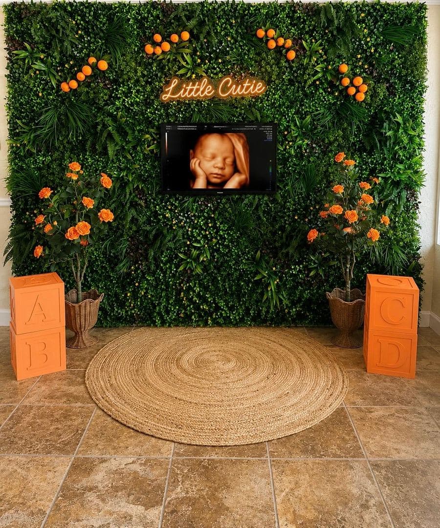 The South Florida 3D Ultrasound studio - a lush greenery wall with an orange 'Little Cutie' neon sign, a screen showing a 3D ultrasound of a baby's face, orange ABCD keepsake blocks, potted flowers and a round jute rug